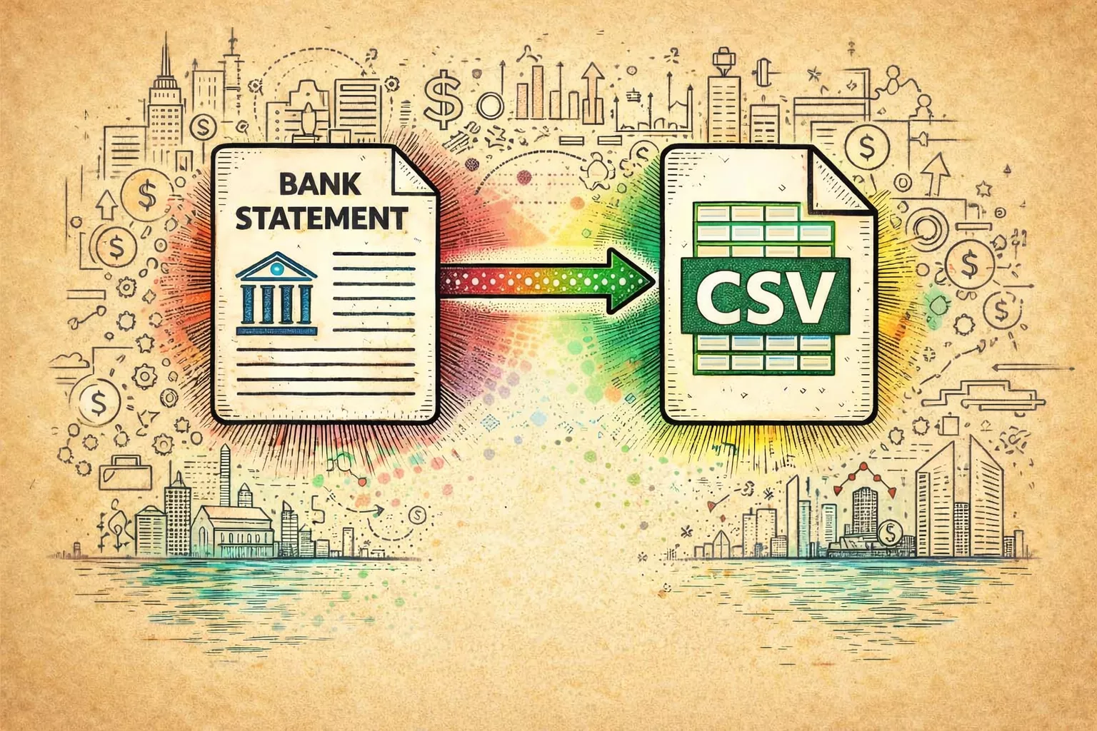 Bank Statement converter icon showing Zamzar converting a bank statement file to CSV.