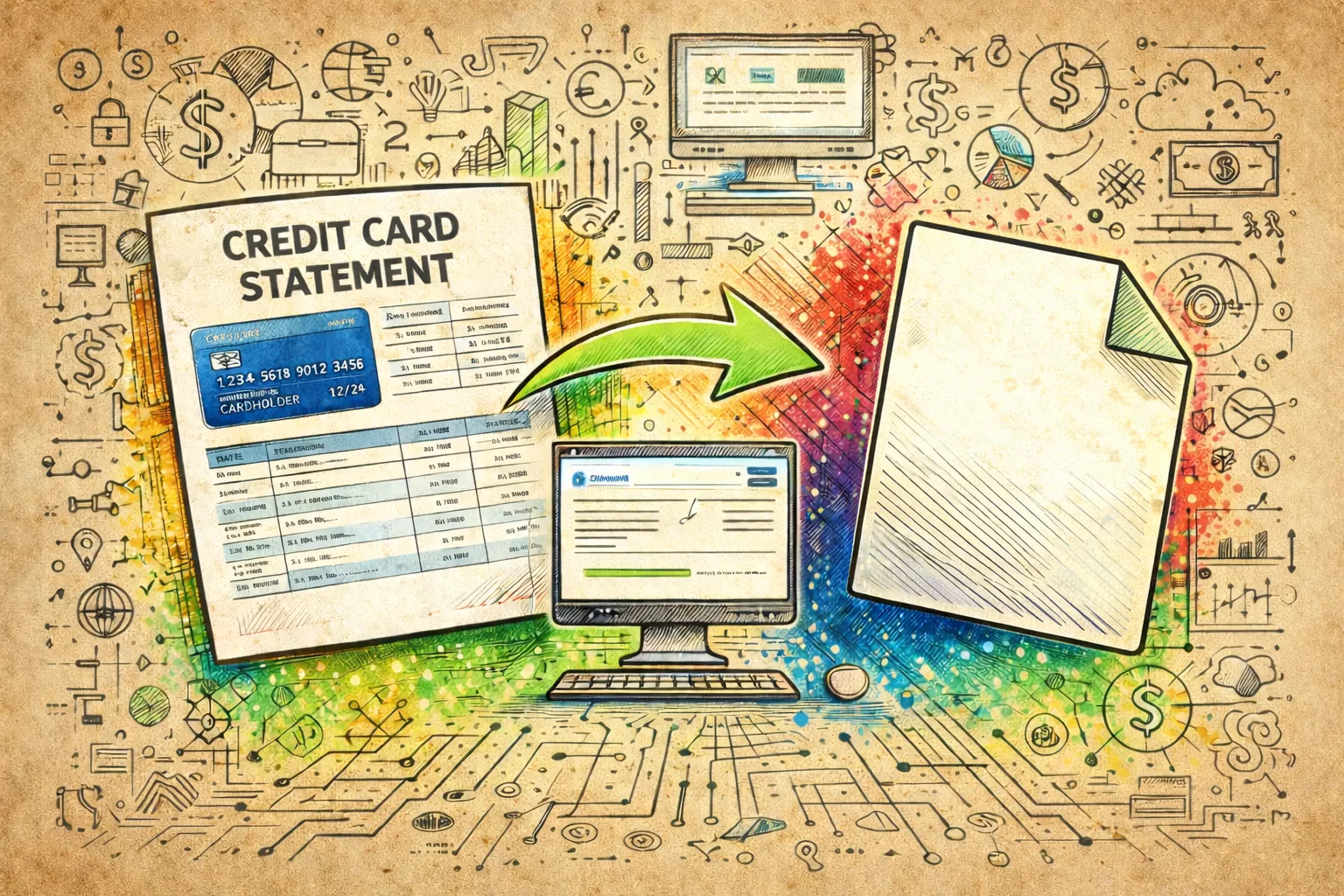 Credit Card Statement converter icon showing Zamzar converting a credit card statement file to Excel.