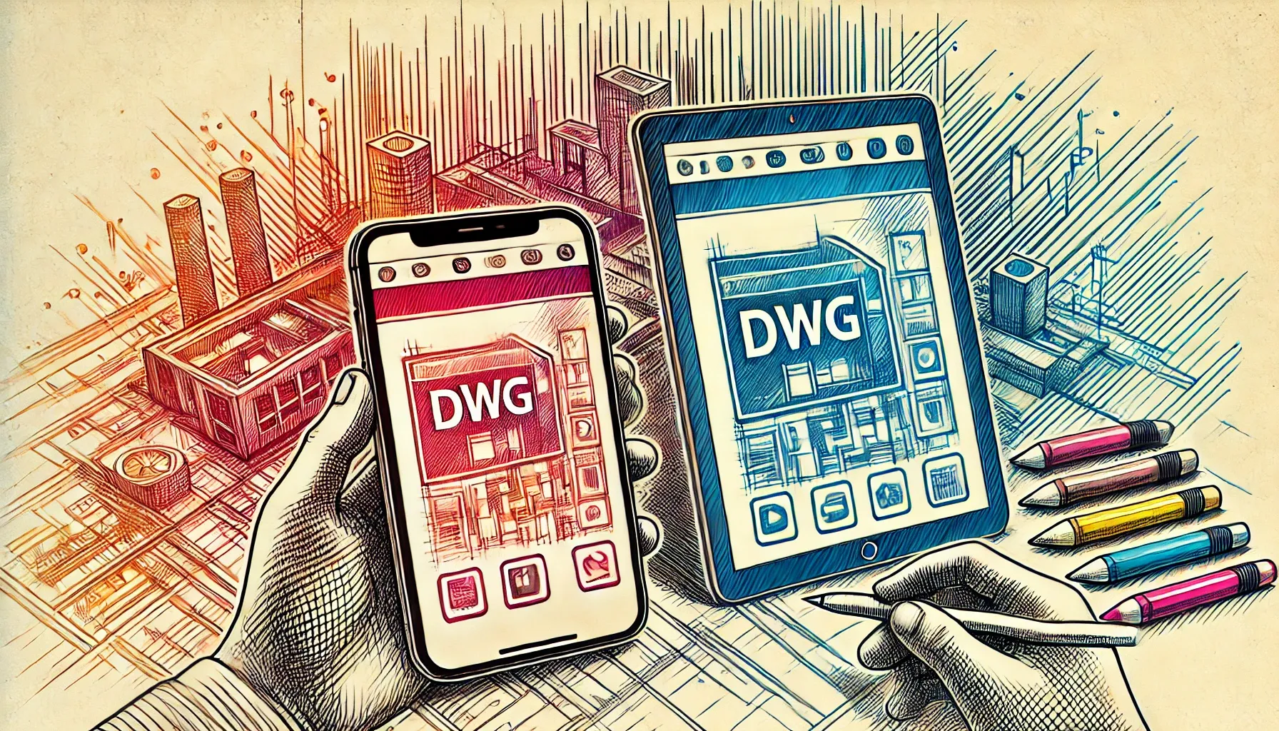 DWG file displayed on a smartphone and tablet, highlighting cross-device compatibility in technical design Illustration of a smartphone and tablet displaying DWG files, with technical drawings in the background