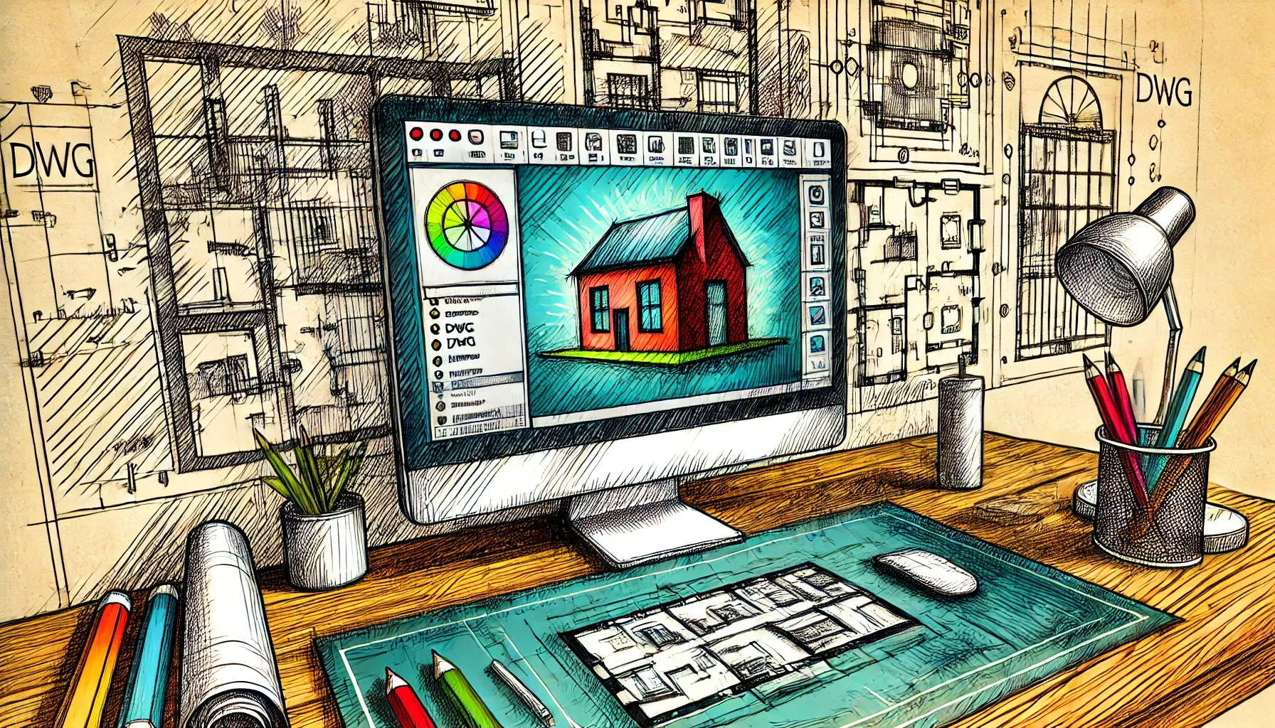 Desktop computer showing a design being previewed, set against a illustrative backdrop of the 2D design Desktop computer showing a design being previewed in 3D