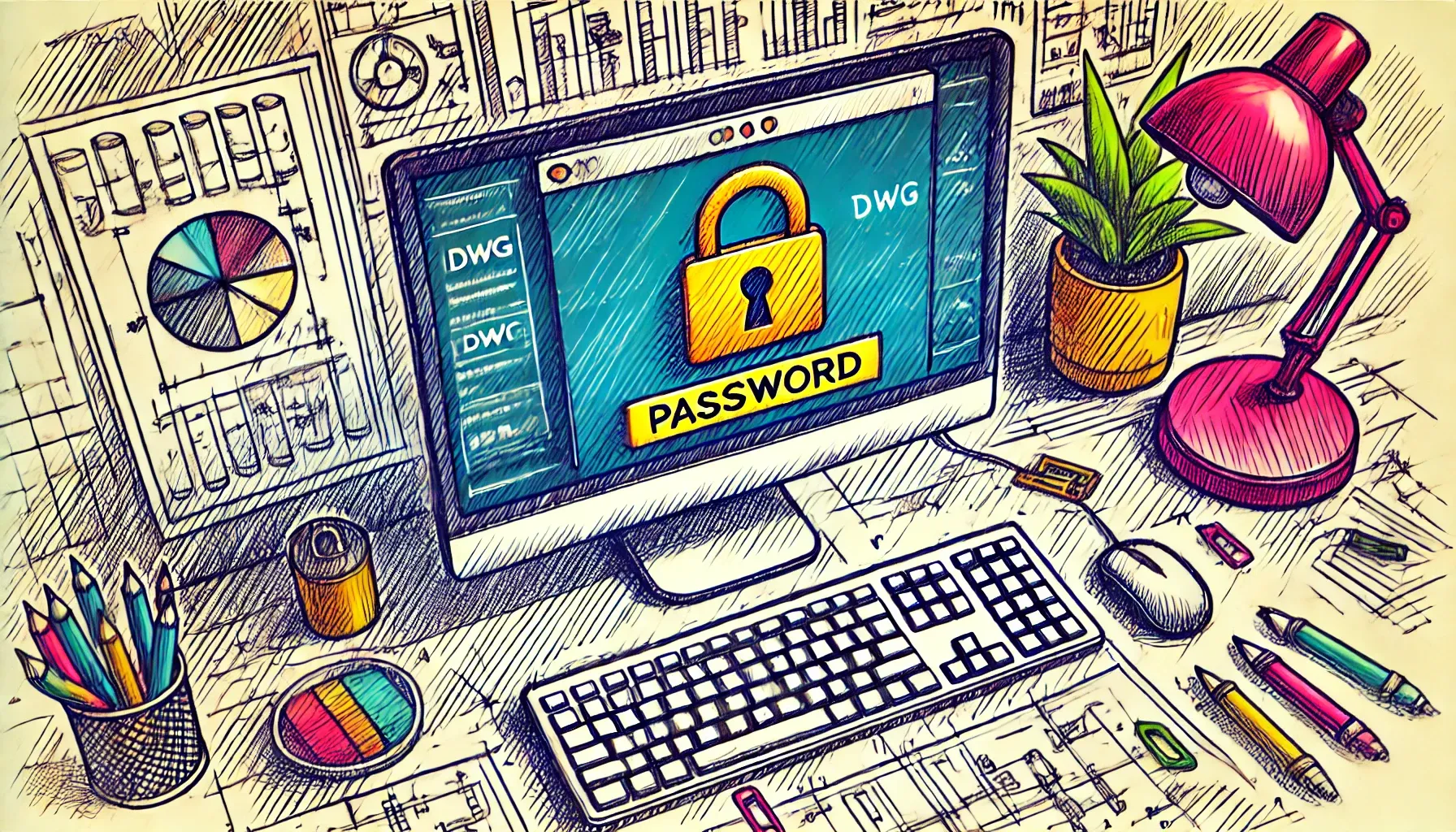 Computer showing a large lock icon with a password prompt, set against a design inspired illustration Computer showing a large lock icon with a password prompt