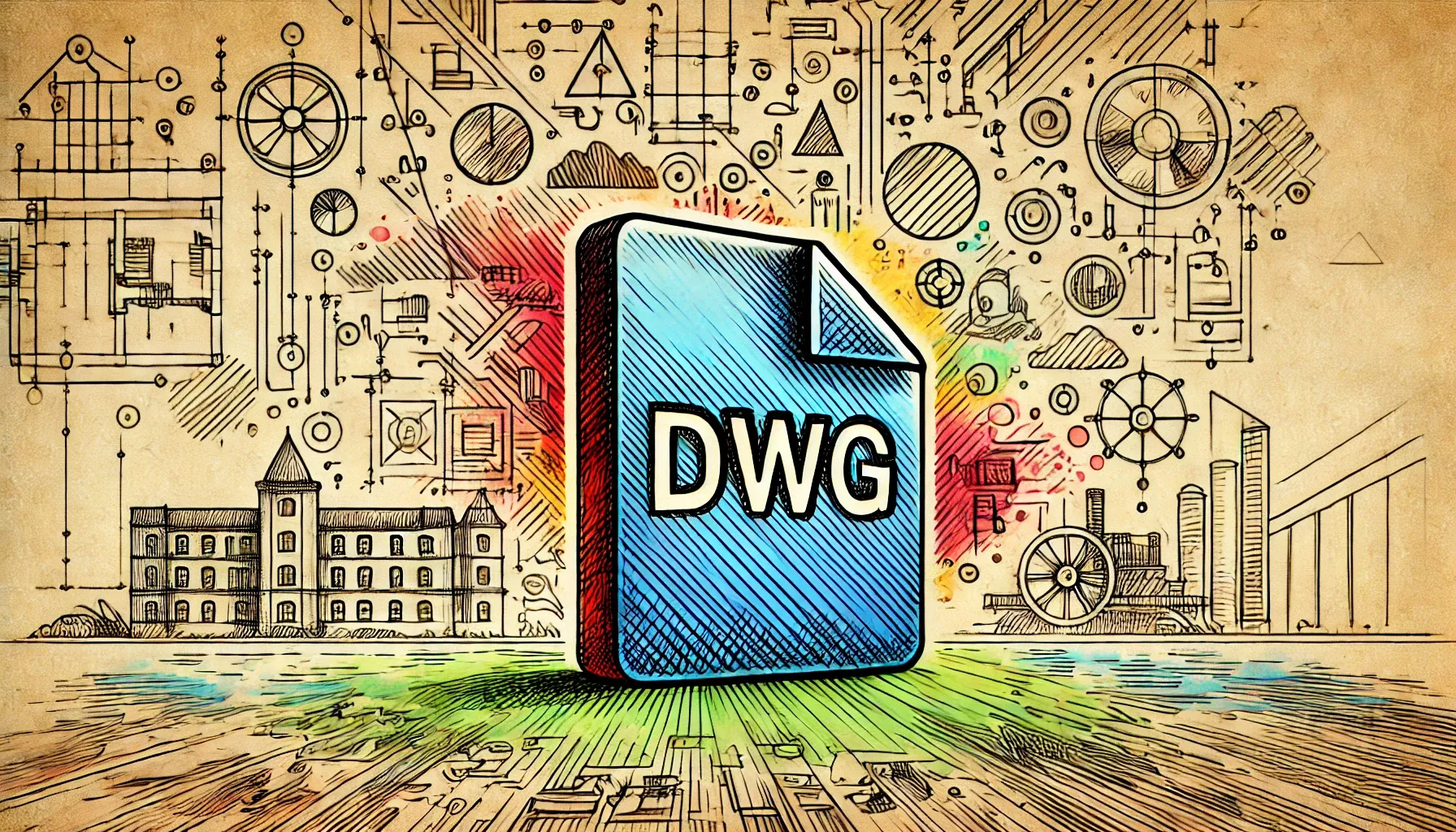 Large DWG icon against a backdrop of a design process DWG icon against an illustration of a design process